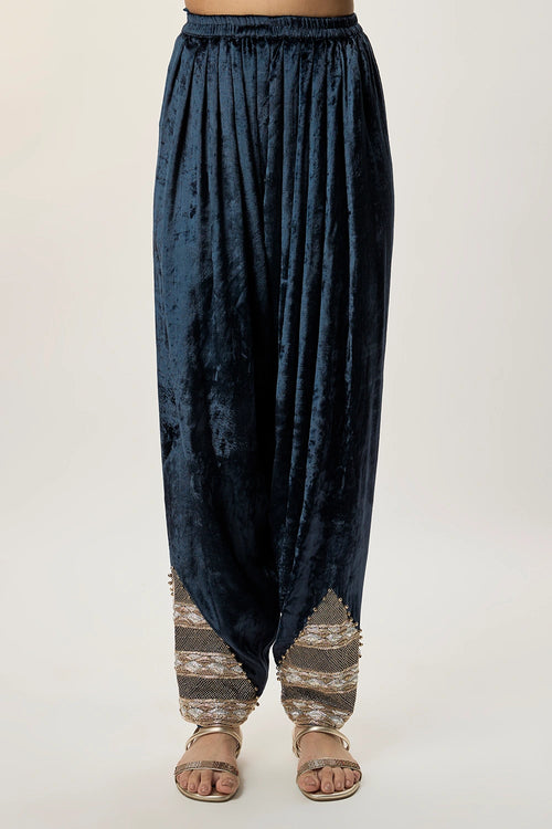 Elara Navy Blue Velvet Embroidered Kurta With Farshi Salwar And Mukaish Silkmul Dupatta