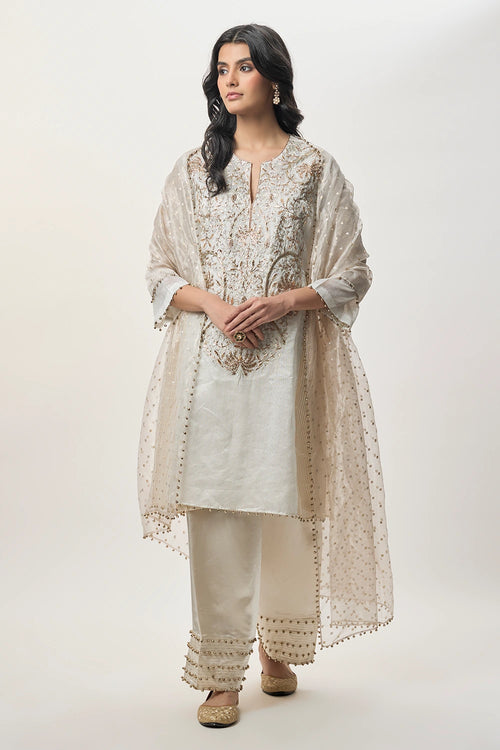 Rangrez Silver Gold Stripe Tissue Embroidered Yoke Kurta With Farshi Salwar And Organza Dupatta