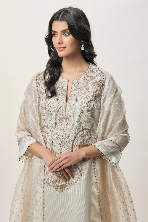 Rangrez Silver Gold Stripe Tissue Embroidered Yoke Kurta With Farshi Salwar And Organza Dupatta