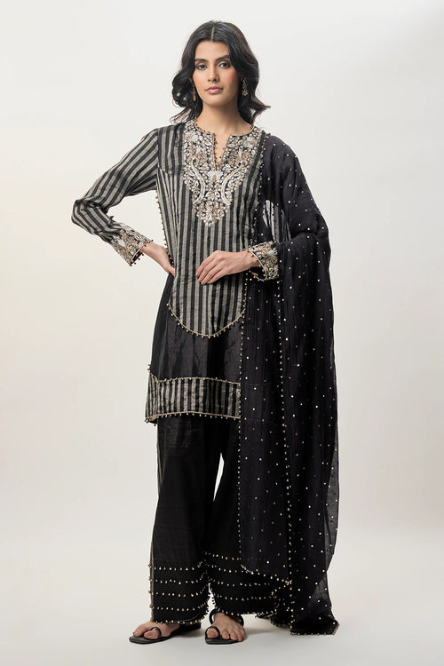 Nysa Black Stripe Tissue Embroidered Kurta With Farshi Salwar And Mukaish Silkmul Dupatta