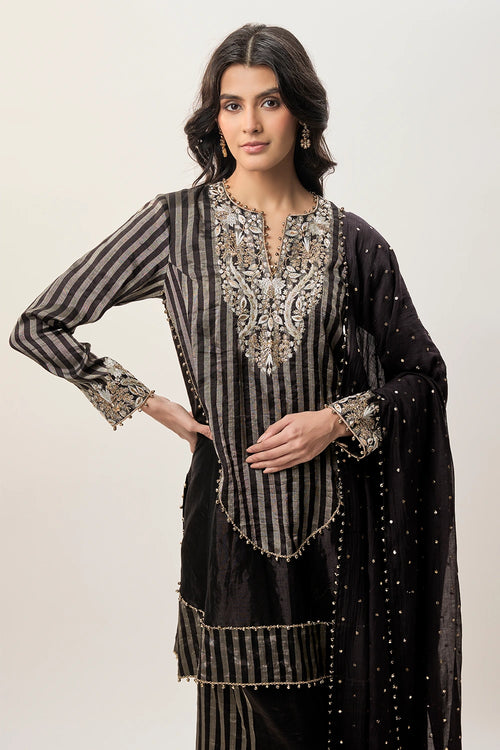 Nysa Black Stripe Tissue Embroidered Kurta With Farshi Salwar And Mukaish Silkmul Dupatta