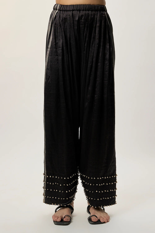 Nysa Black Stripe Tissue Embroidered Kurta With Farshi Salwar And Mukaish Silkmul Dupatta