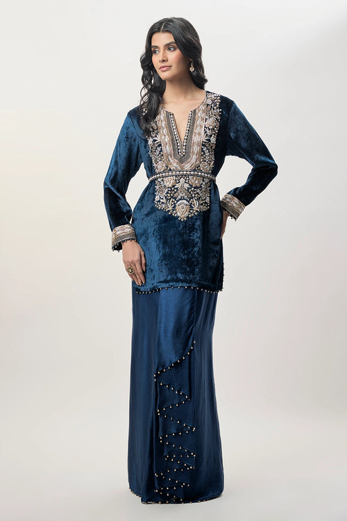 Samira Navy Blue Velvet Embroidered Yoke And With Dhoti Skirt And Belt