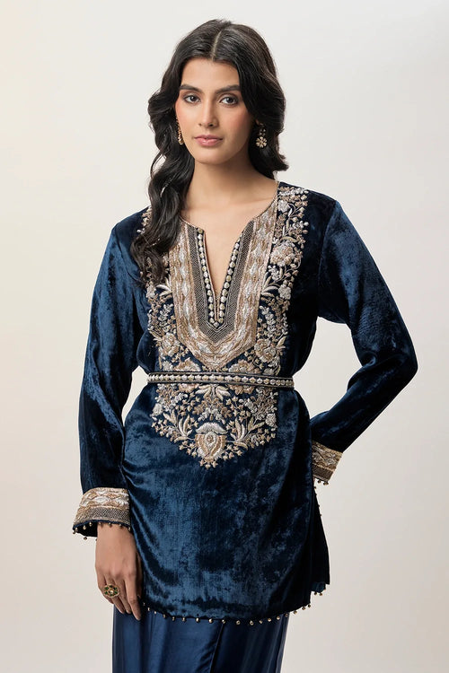 Samira Navy Blue Velvet Embroidered Yoke And With Dhoti Skirt And Belt