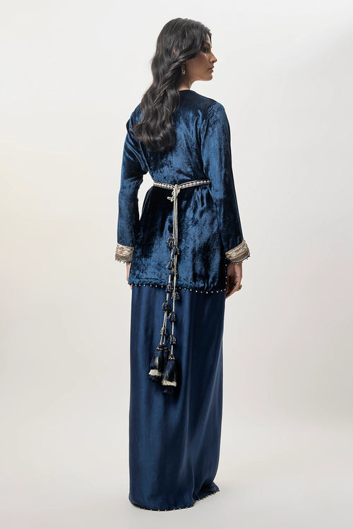 Samira Navy Blue Velvet Embroidered Yoke And With Dhoti Skirt And Belt