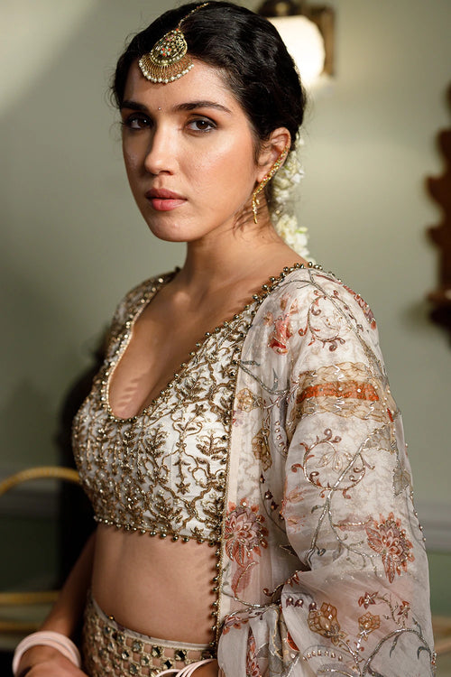 Sultana Cream Embroidered Choli With Lehenga And Dupatta