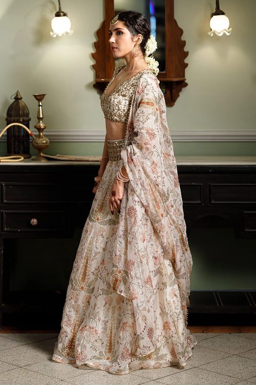Sultana Cream Embroidered Choli With Lehenga And Dupatta