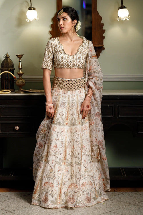 Sultana Cream Embroidered Choli With Lehenga And Dupatta