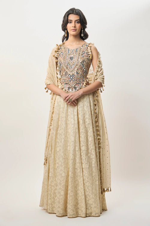 Yasna Stone Georgette Half Back Covered Embroidered Choli With Lehenga And Mukaish Mul Dupatta