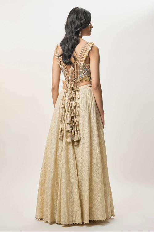 Yasna Stone Georgette Half Back Covered Embroidered Choli With Lehenga And Mukaish Mul Dupatta