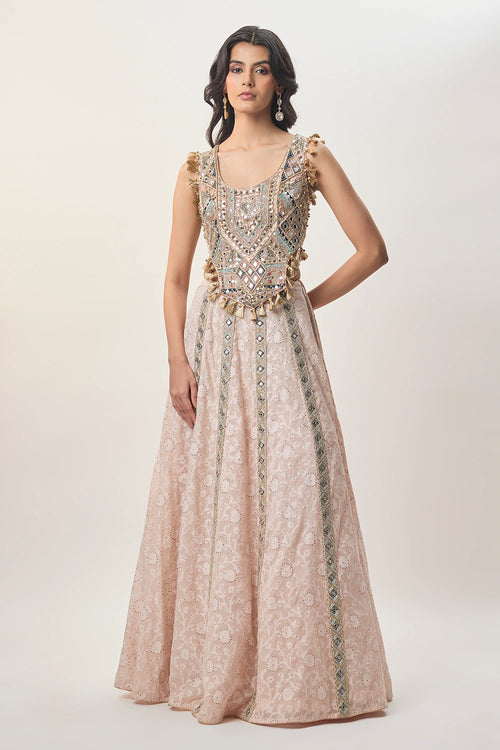 Mehrsa Blush Pink Georgette Half Back Covered Embroidered Choli And Katarwa Lehenga