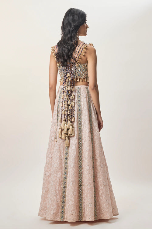 Mehrsa Blush Pink Georgette Half Back Covered Embroidered Choli And Katarwa Lehenga