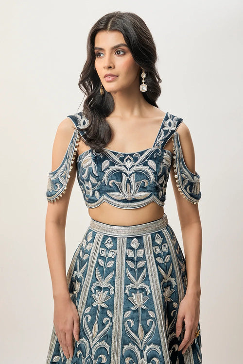 Sahar Navy Blue Velvet Quilted Embroidered Choli With Attached Embroidered Bajuband And Quilted Lehenga