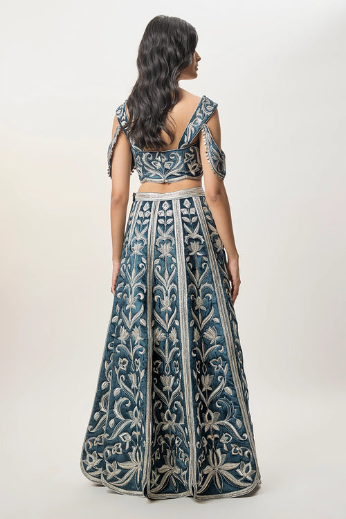 Sahar Navy Blue Velvet Quilted Embroidered Choli With Attached Embroidered Bajuband And Quilted Lehenga