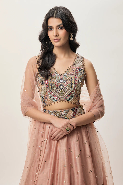 Mahnaz Peachy Pink Georgette Embroidered Choli With Lehenga And Mukaish Net Dupatta