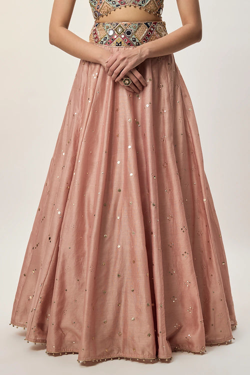 Mahnaz Peachy Pink Georgette Embroidered Choli With Lehenga And Mukaish Net Dupatta