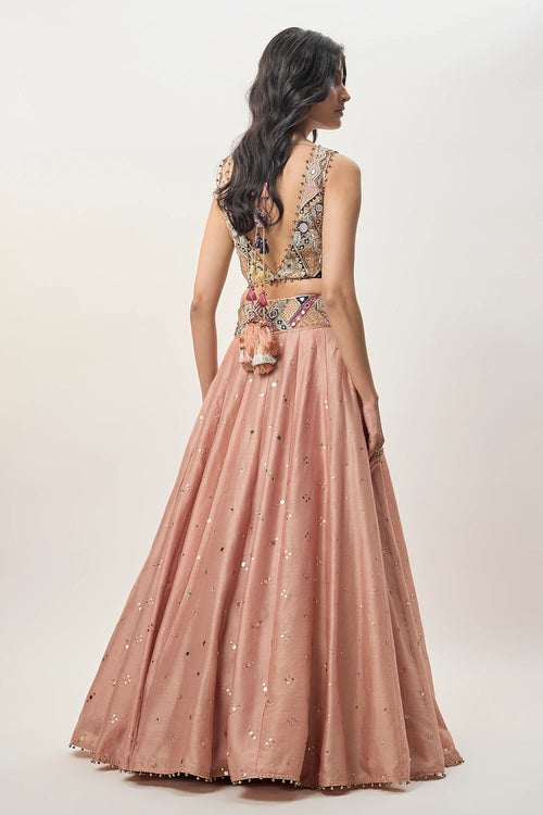 Mahnaz Peachy Pink Georgette Embroidered Choli With Lehenga And Mukaish Net Dupatta