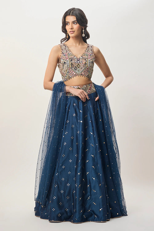 Mahnaz Navy Blue Georgette Embroidered Choli With Lehenga And Mukaish Net Dupatta
