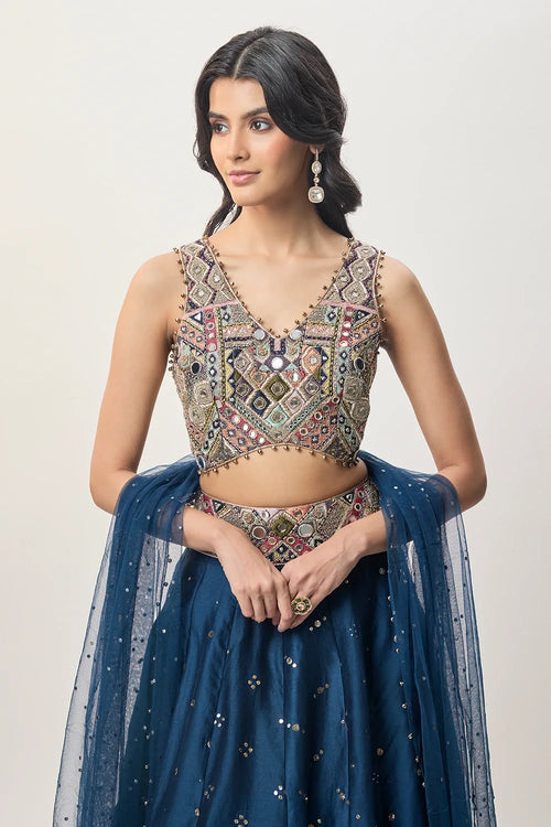 Mahnaz Navy Blue Georgette Embroidered Choli With Lehenga And Mukaish Net Dupatta