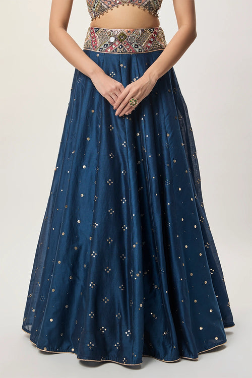 Mahnaz Navy Blue Georgette Embroidered Choli With Lehenga And Mukaish Net Dupatta