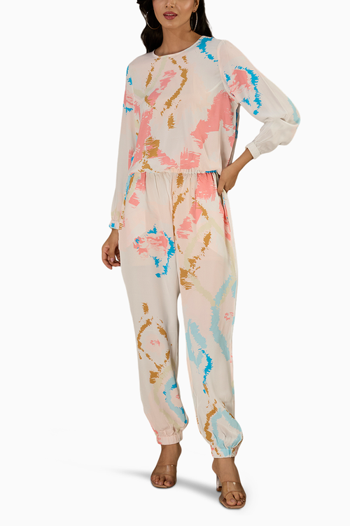 White Printed Top With Jogger Pant