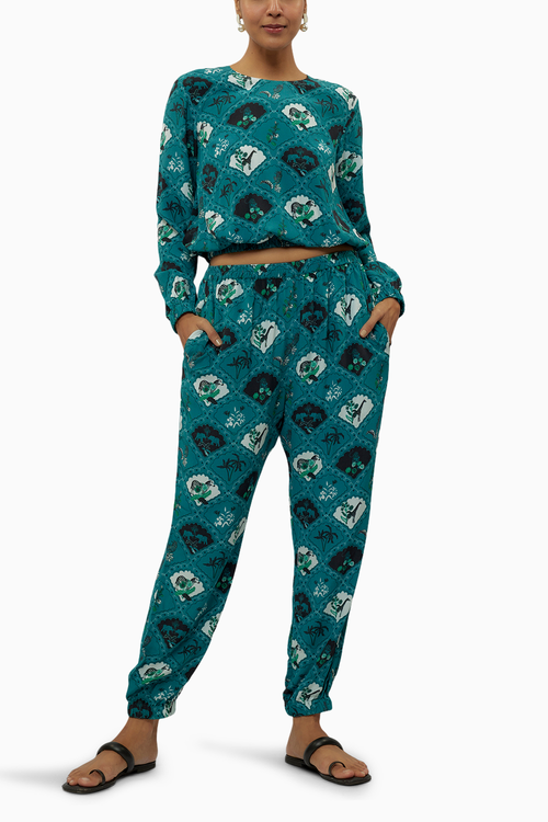 Teal Printed Crepe Top With Jogger Pant