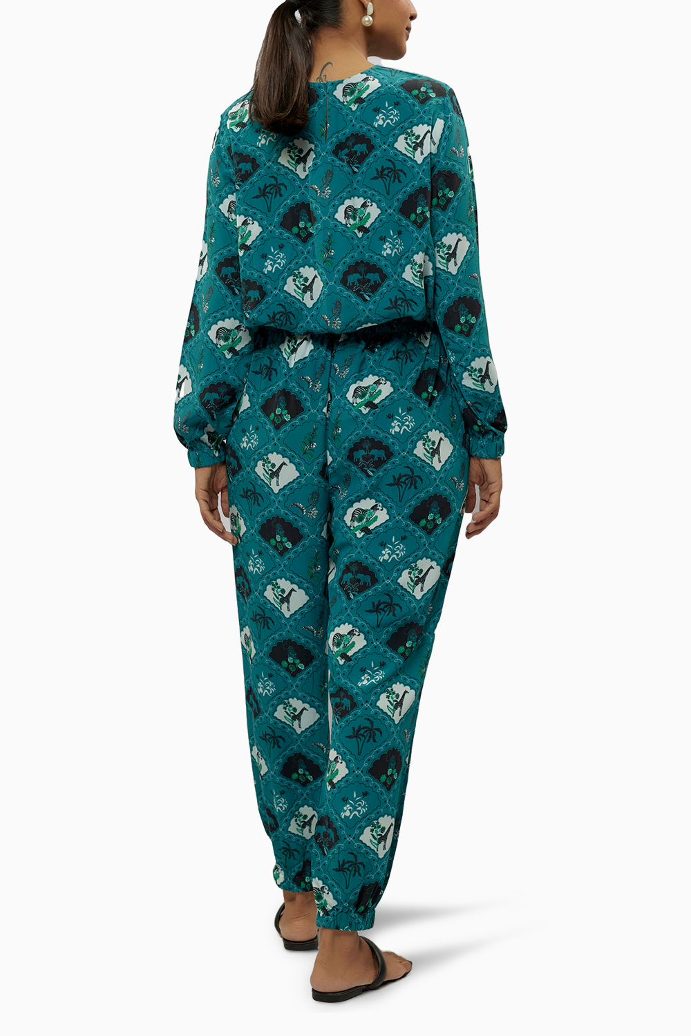 Teal Printed Crepe Top With Jogger Pant