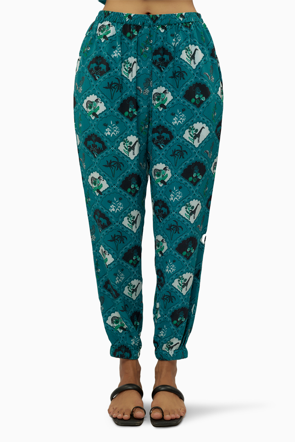 Teal Printed Crepe Top With Jogger Pant