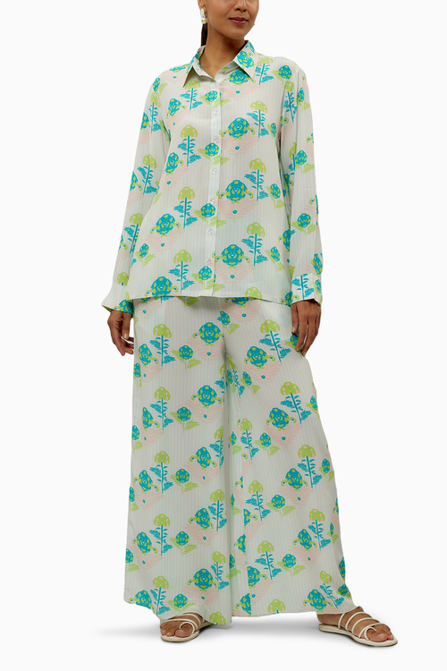 Teal Printed Crepe Shirt And Pant