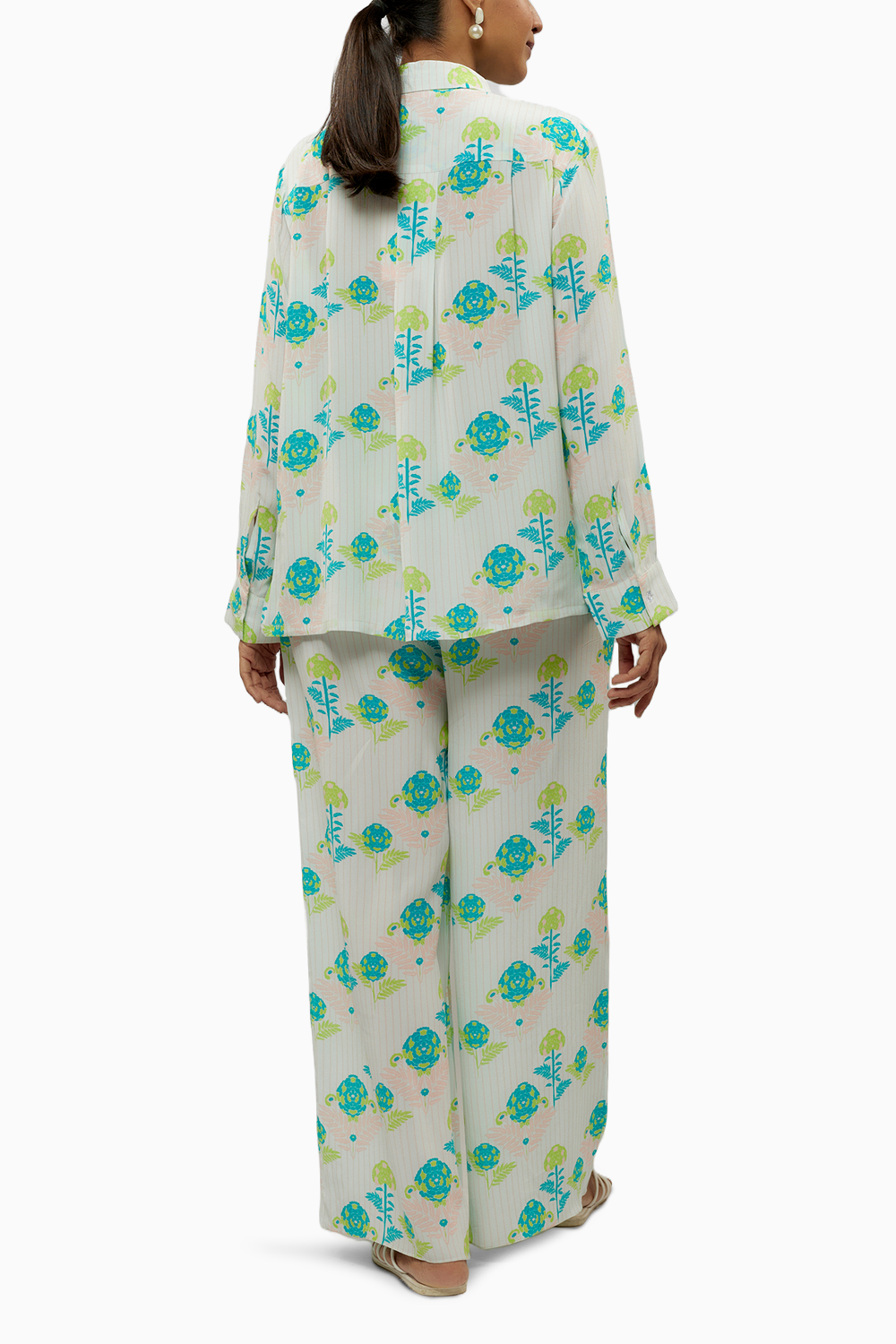 Teal Printed Crepe Shirt And Pant