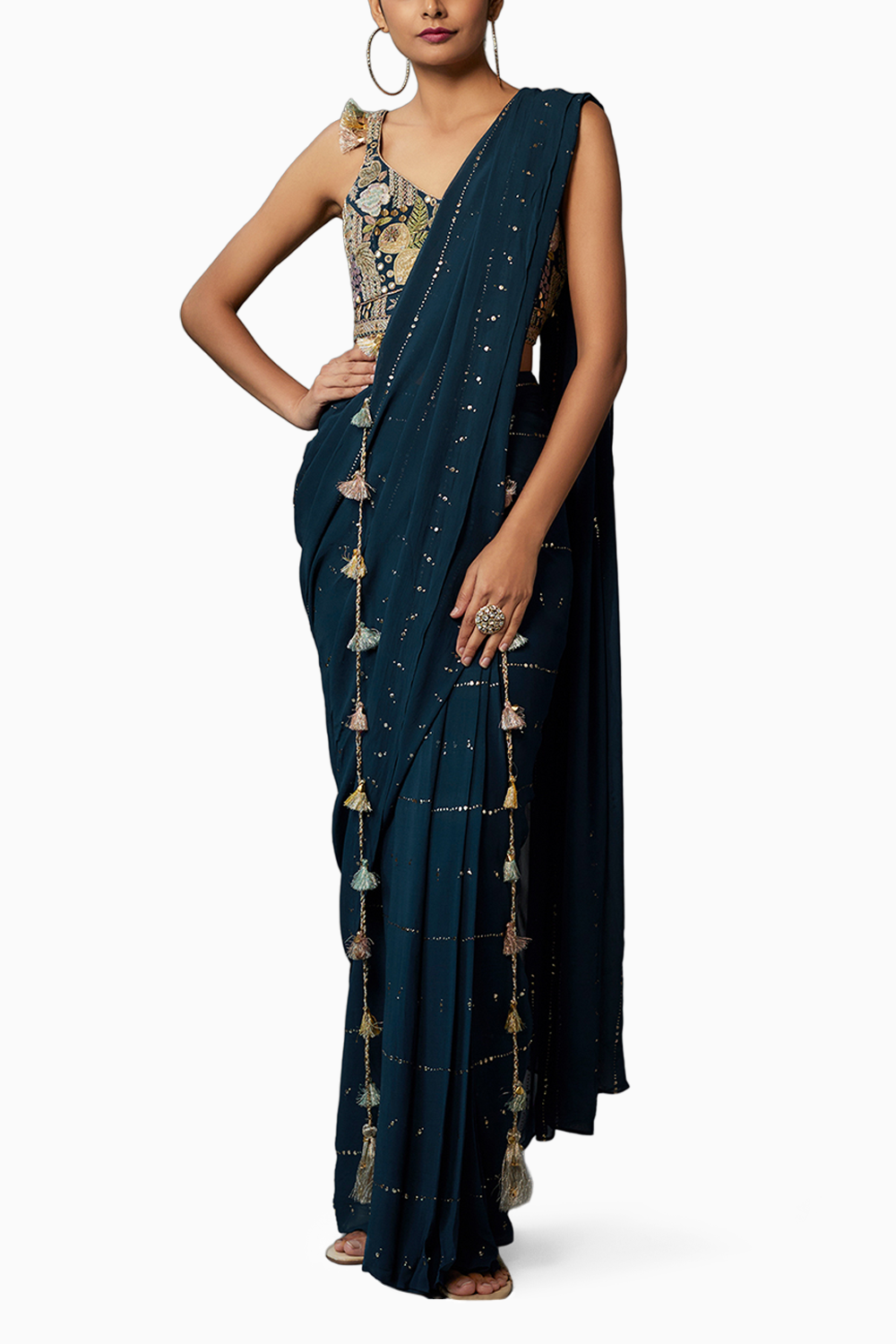 Teal Blue Embroidered Choli With Pre-Stitched Saree