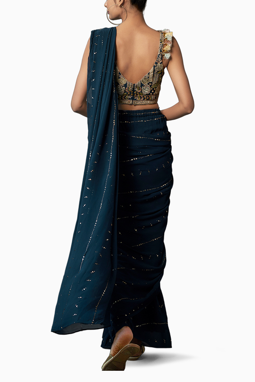 Teal Blue Embroidered Choli With Pre-Stitched Saree