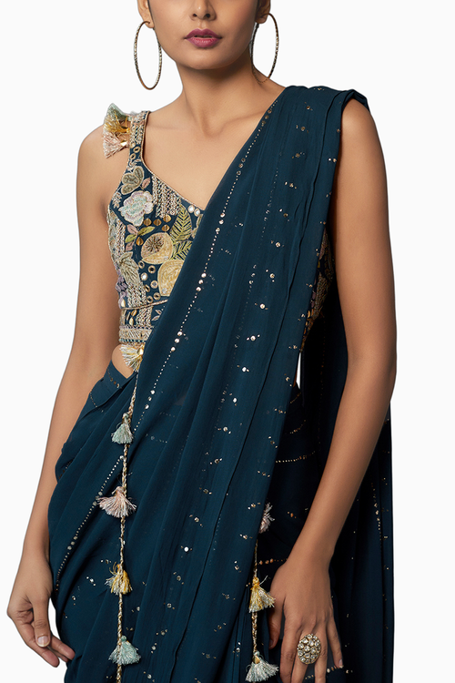 Teal Blue Embroidered Choli With Pre-Stitched Saree