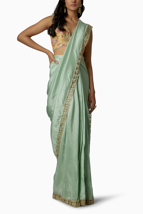 Mustard Printed Lurex Choli With Periwinkle Blue Thik Silk Saree
