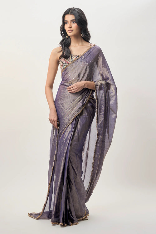 Niusha Purple Georgette Embroidered Choli And Pre-Stitched Tissue Saree