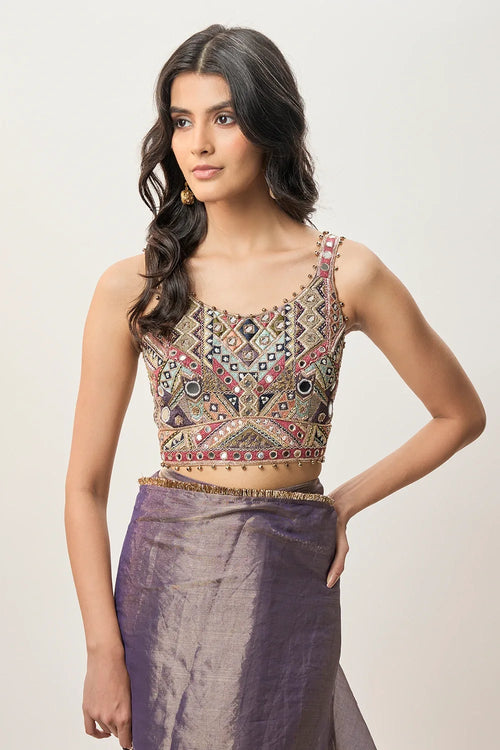 Niusha Purple Georgette Embroidered Choli And Pre-Stitched Tissue Saree