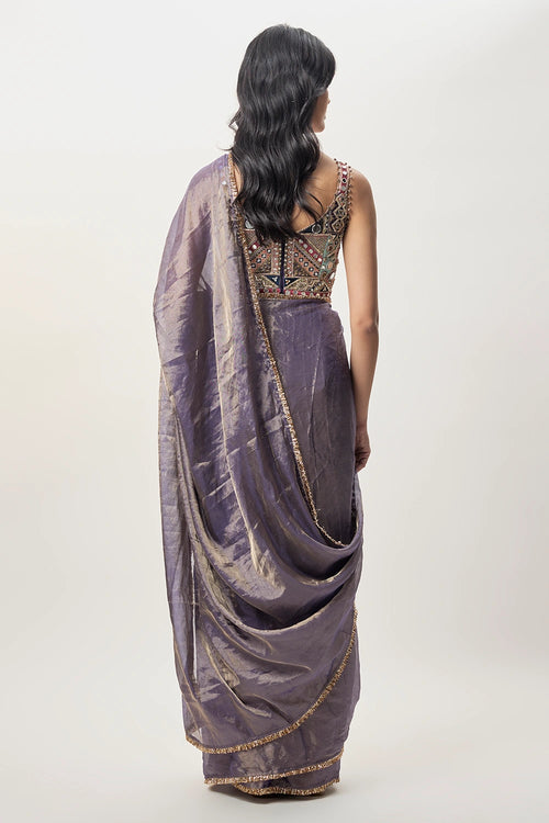 Niusha Purple Georgette Embroidered Choli And Pre-Stitched Tissue Saree