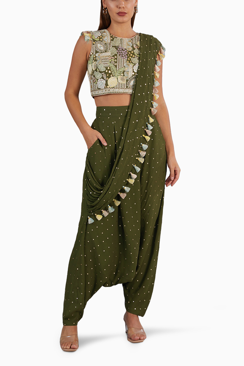 Olive Green Embroidered Top And Pant With Attached Drape