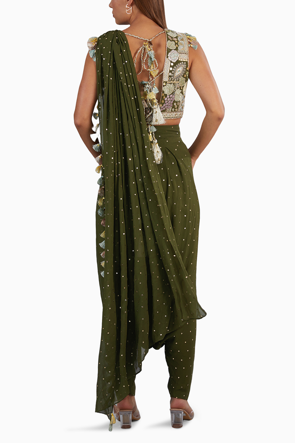 Olive Green Embroidered Top And Pant With Attached Drape