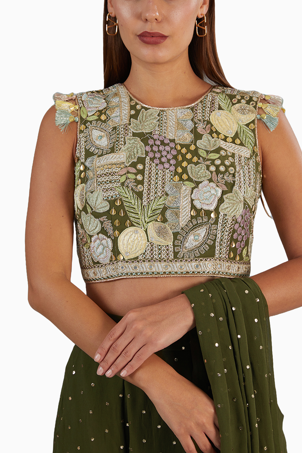 Olive Green Embroidered Top And Pant With Attached Drape