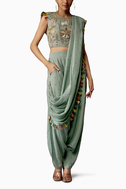 Powder Blue Embroidered Choli And With Attached Drape