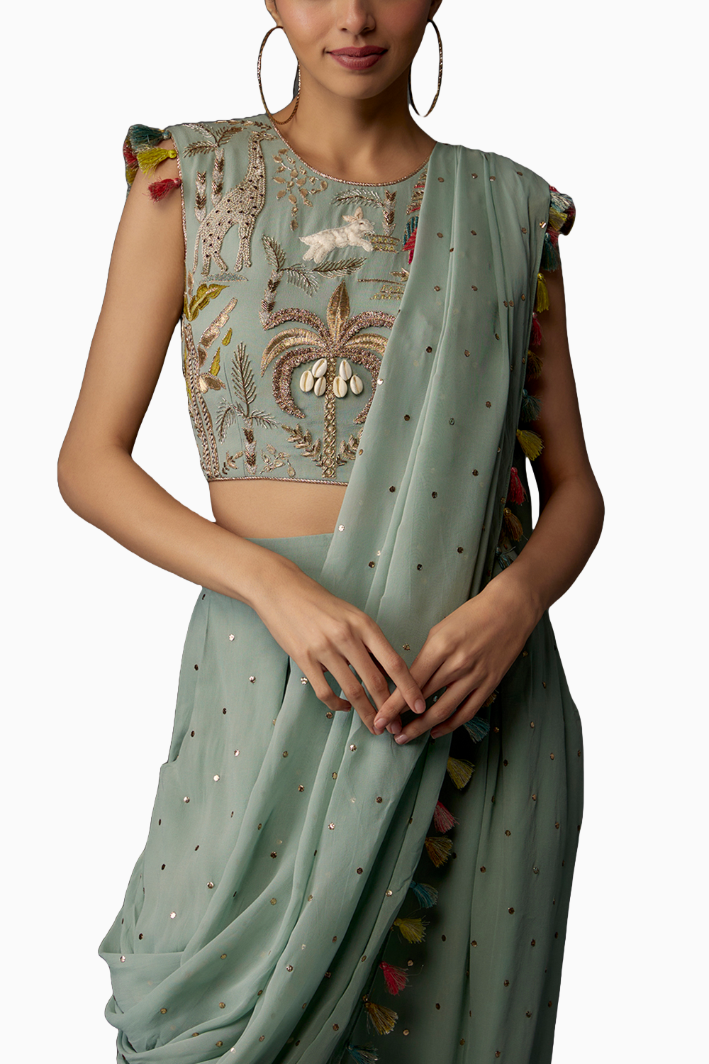 Powder Blue Embroidered Choli And With Attached Drape