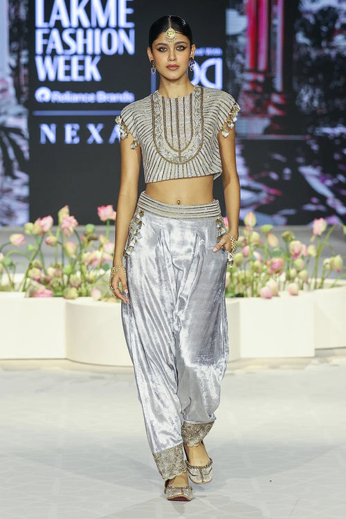 Qirat Grey Embroidered Boxy Choli With Grey Embroidered Pant Set