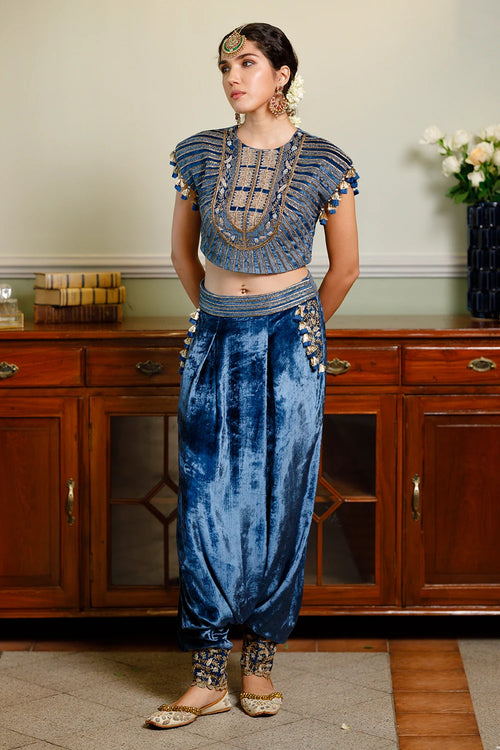 Qirat Navy Blue Embroidered Boxy Choli And Low Crotch Pant Set