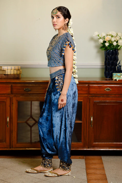 Qirat Navy Blue Embroidered Boxy Choli And Low Crotch Pant Set