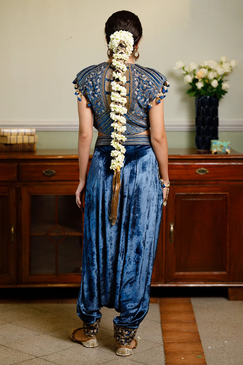 Qirat Navy Blue Embroidered Boxy Choli And Low Crotch Pant Set