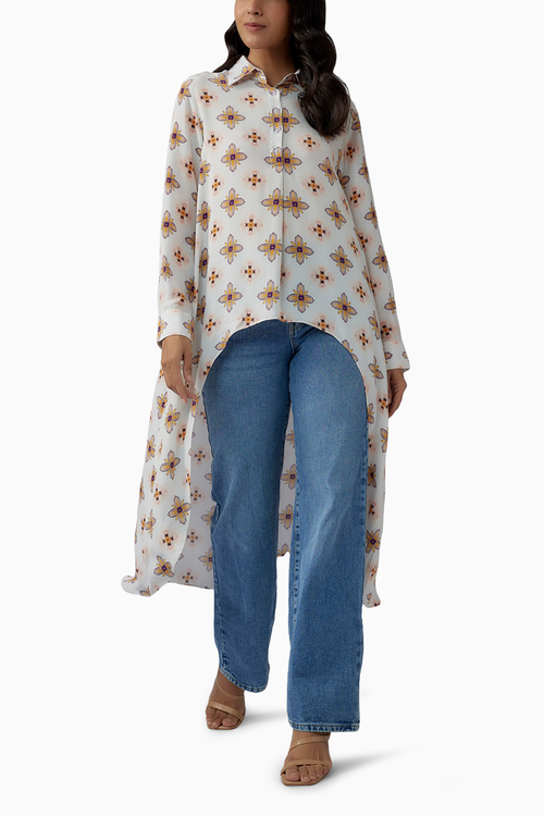 Ivory Printed Crepe High Low Tunic