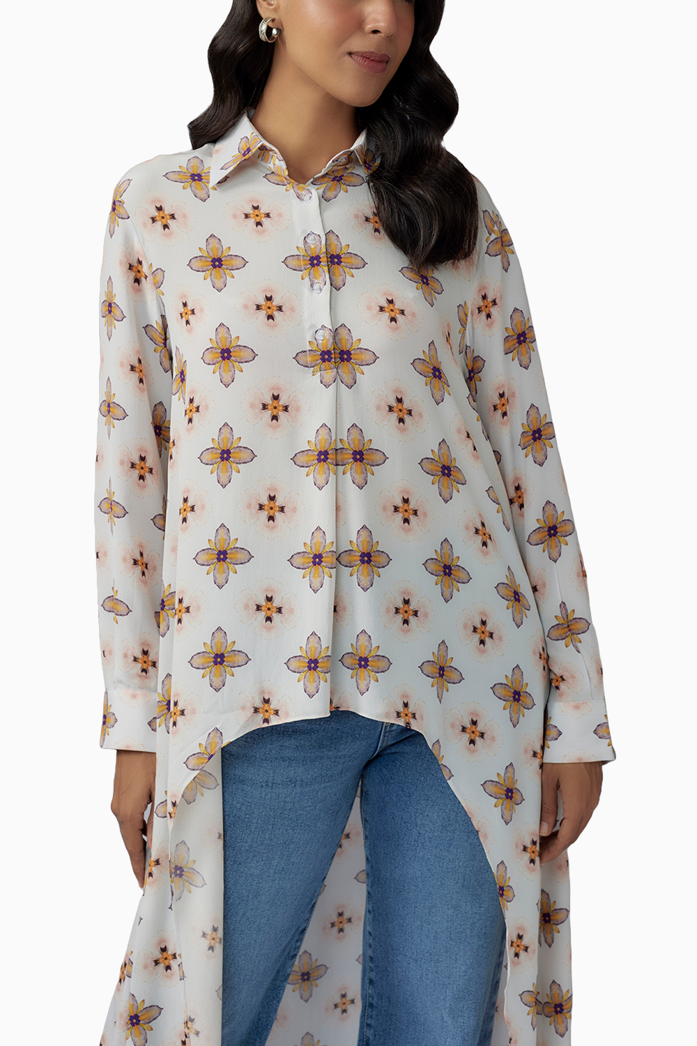 Ivory Printed Crepe High Low Tunic