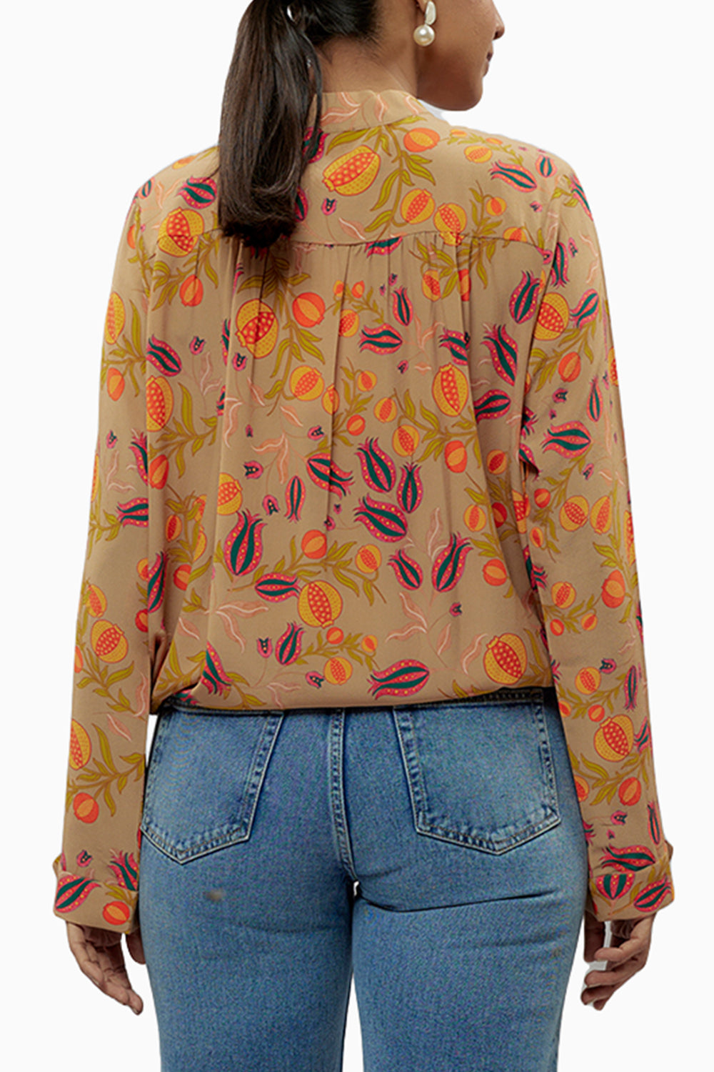 Brown Printed Crepe Front Drawstring Top