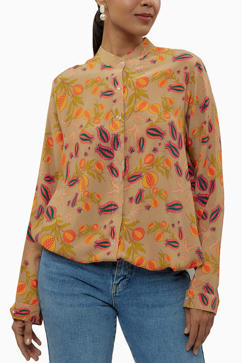 Brown Printed Crepe Front Drawstring Top